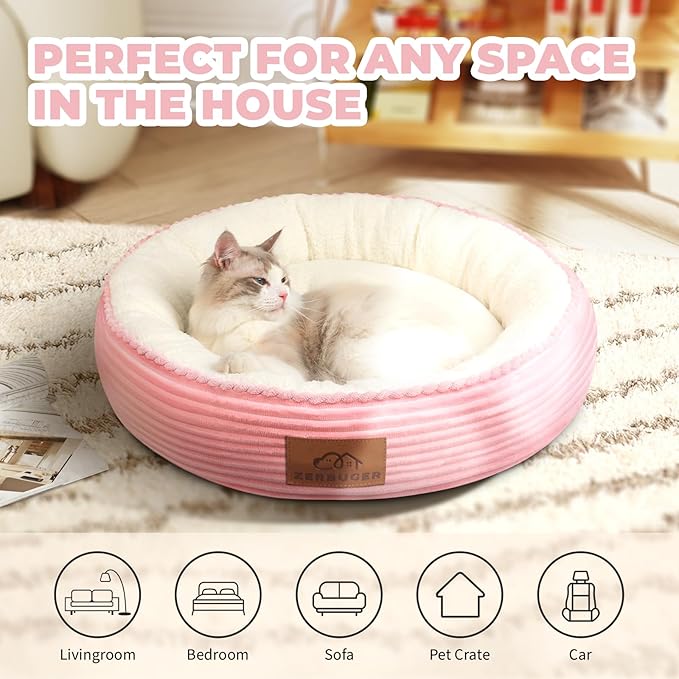 23in Pink Round Cat Dog Bed for Large Medium Small Dogs Cats, Machine Washable Sleeping Sofa, Non-Slip Bottom Breathable Soft Calming Pet Cuddler for Indoor/Outdoor/Car/Cage-PurrikoPets