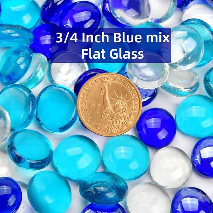 10LB Blue Mix Flat Glass Marbles for Vases, Mancala Stones Gemstone Beads Vase Filler Decorative Glass Pebbles for Fish Tank, DIY Crafts, Aquarium Decor Rocks-PurrikoPets