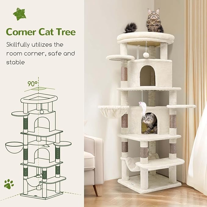 Globlazer Corner Cat Tree Tower for Large Cat, 66inch Tall Large Cat Tree Condo for Multiple Indoor Cats with 6 Scratching Posts, 2 Spacious Cat Condos, Soft Hammock, Hanging Basket, C66, Light Beige-PurrikoPets