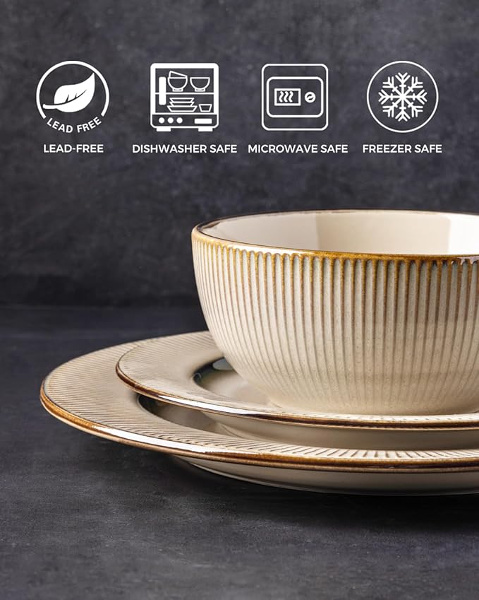 GBHOME Ceramic Dinnerware Sets,12 pcs Embossed Elegant Stoneware Plates and Bowls Sets, Housewarming Wedding Gift | Dishwasher & Microwave Safe | Dishes Set Service for 4-PurrikoPets