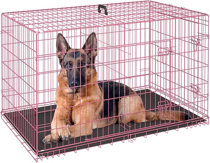 FDW Dog Crate for Large Dogs 48 Inch Folding Metal WirePet Cage Double Door W/Divider Panel Indoor Outdoor Kennel Leak-Proof Plastic Tray,Pink-PurrikoPets
