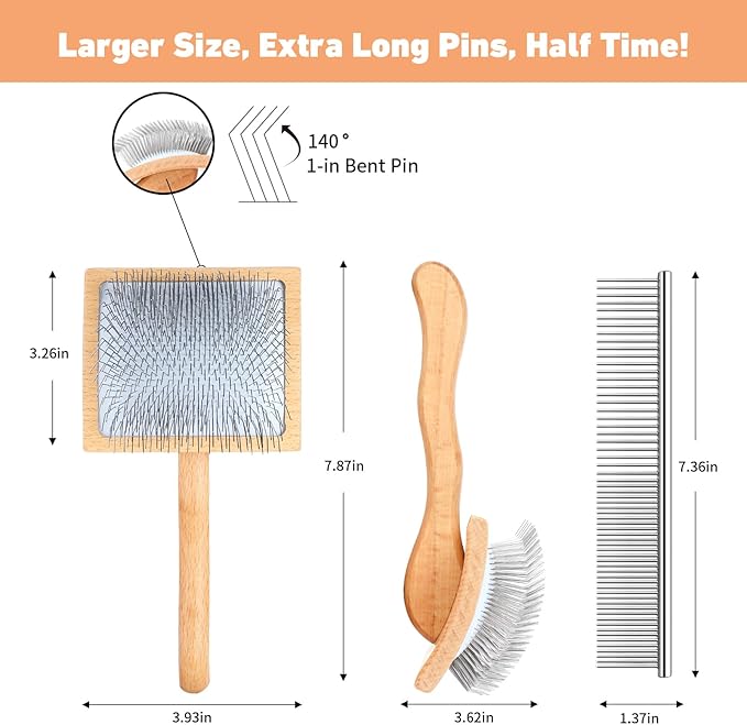 Dog Slicker Brush for Shedding and Grooming Medium or Long Haired Cats, Extra Long & Soft Pin Slicker Brush for Removes Loose Hair, Tangles, Knots, Undercoat, Free Pet Comb, Large, Oak-PurrikoPets
