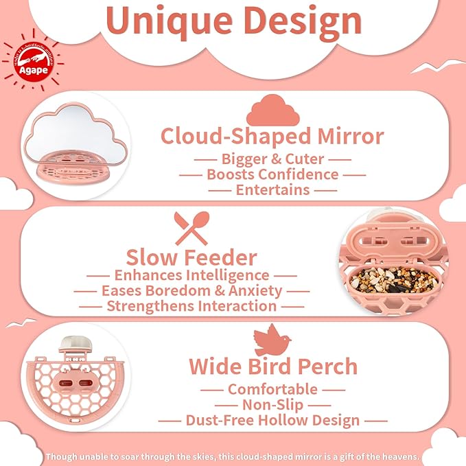 Agape Bird Mirror for Cage， Bird Toys with Perch and Slow Feeder to Expend Energy, Small Parrot Swing, Interactive Toys for Cockatiel, Lovebird, Parakeet, Conure, Finch, and Budgies-PurrikoPets