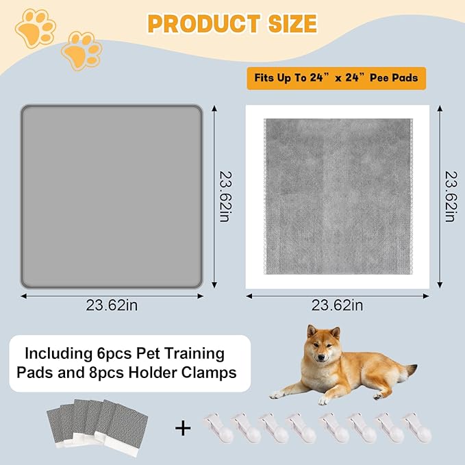 Dog Pee Pad Holder, Puppy Pad Holder Tray for 24'' x 24'' Training Pads, 15pcs Dog Potty Tray Set Include High Edge Silicone Mat & 6 Activated Charcoal Disposable Puppy Pads & 8 Holder Clamps-PurrikoPets