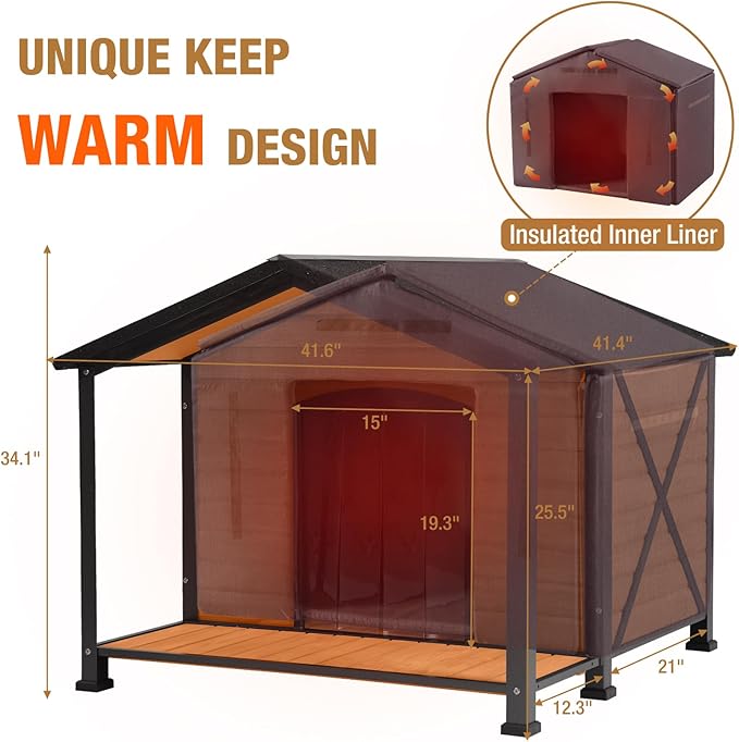 Extra Large Dog House Outdoor & Indoor, Insulated Liner Dog Kennel Weatherproof for Winter, 6 Sides All-Round Foam with Strong Metal Chew Proof Frame, for Small Medium Large Dogs-PurrikoPets