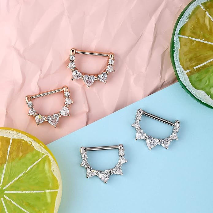 Melighting 2pcs 14G Nipple Rings Surgial Steel 316L Piercing Jewelry Shiny Heart Clear CZ Nipple Bars Rose Gold 14mm