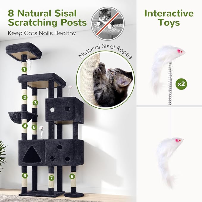 Globlazer Extra Large Cat Tower, 81-inch Tall Cat Tree for Big Cats 20 lbs, XXL Heavy Duty Cat Scratching Tower for Indoor Adult Cats with 3 Cat Condos, 8 Scratching Posts, F81, Dark Grey-PurrikoPets