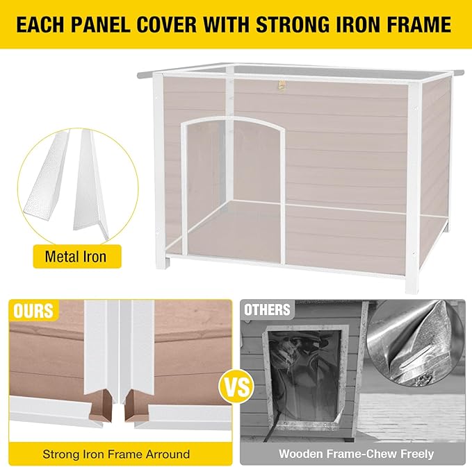 Dog House Outdoor & Indoor Wooden Dog Kennel for Winter with Raised Feet Weatherproof for Small & Medium & Large Dogs,Unique All-Around Iron Frame，Light Brown-PurrikoPets