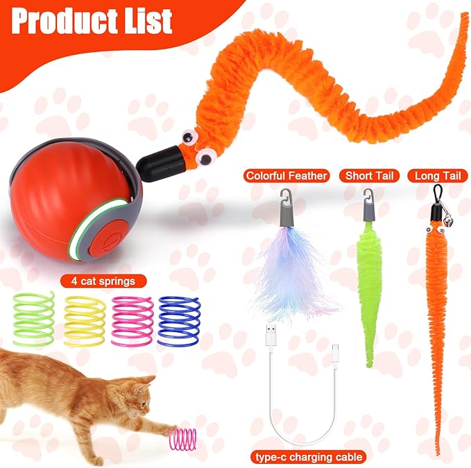 AIERSA Interactive Automatic Cat Toys for Indoor Adult Cats,Self Play Speed Tail Toy with 3 Tails and 4 Springs (Orange)-PurrikoPets