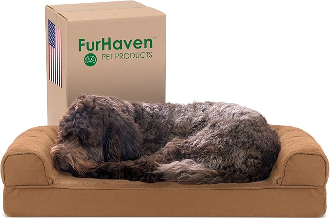 Furhaven Cooling Gel Dog Bed for Medium/Small Dogs w/ Removable Bolsters & Washable Cover, For Dogs Up to 35 lbs - Quilted Sofa - Toasted Brown, Medium-PurrikoPets