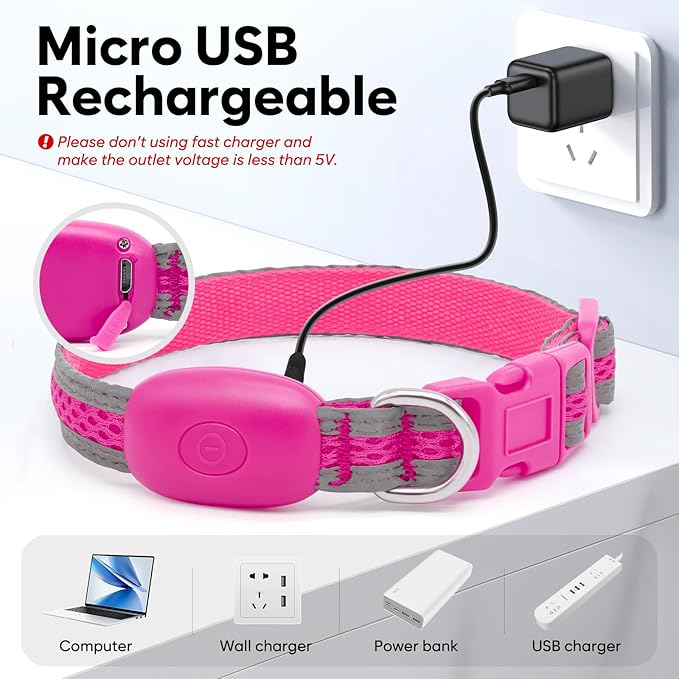 Flashseen LED Cat Collar,Light Up Dog Collar Rechargeable, Dog Lights for Night Walking, Comfortable Soft Mesh Pet Collar Adjustable for Cats Puppy and Small Dogs(Pink, XS)-PurrikoPets