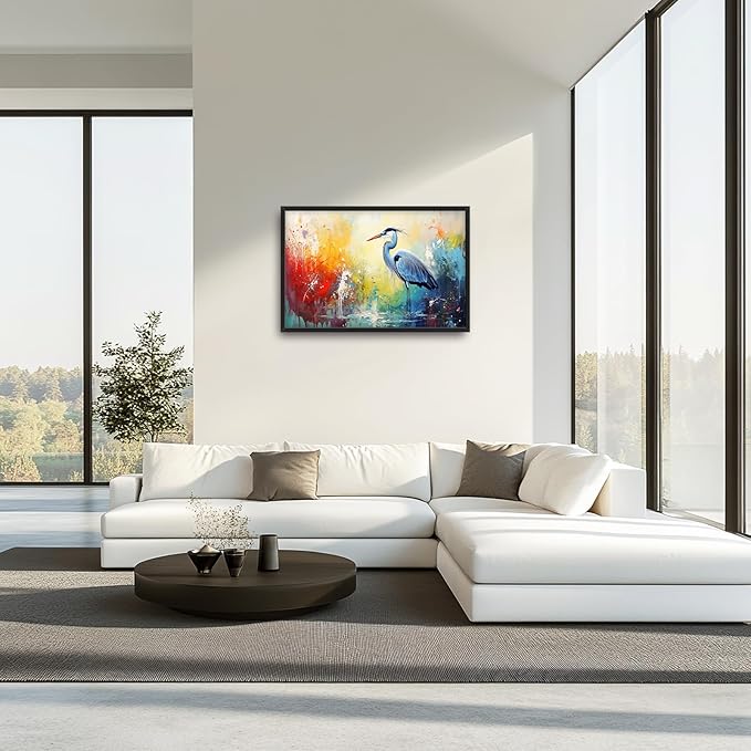 Extra Large Framed Abstract Heron Wall Art,Oversized Colorful Graffiti Heron Wall Decor Pictures for Living Room,Canvas Print Painting Modern Artwork Bedroom Office Bathroom Home Decor 36L x 24W-PurrikoPets