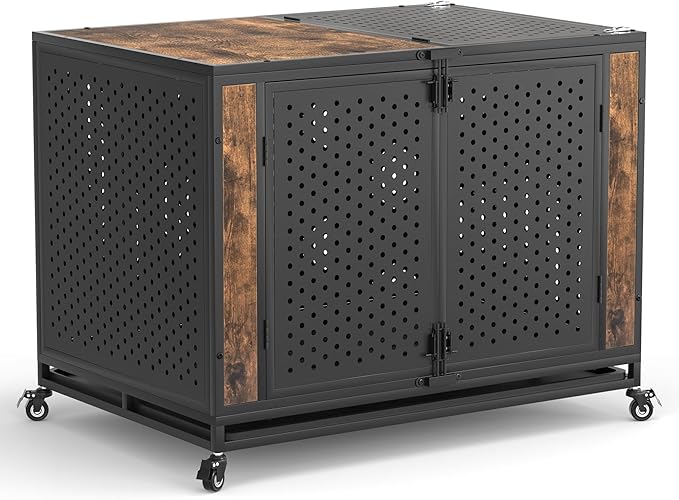 42" Heavy Duty Dog Crate Furniture for Large and Medium Dogs, Enclosed Design with 0.5 inch Holes, Indestructible Metal Kennel for High Anxiety Dogs, Chew Proof Pet House Cage Indoor, Brown-PurrikoPets