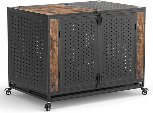 42" Heavy Duty Dog Crate Furniture for Large and Medium Dogs, Enclosed Design with 0.5 inch Holes, Indestructible Metal Kennel for High Anxiety Dogs, Chew Proof Pet House Cage Indoor, Brown-PurrikoPets