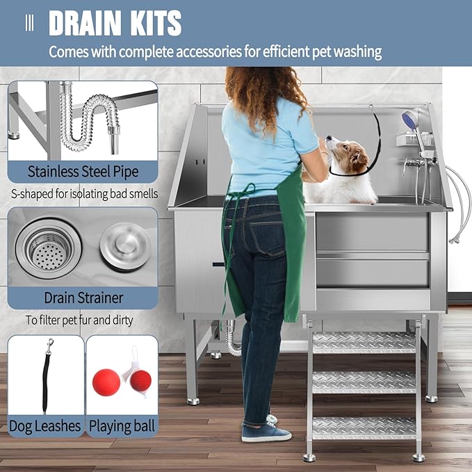 50" Pet Dog Bathing Station W/Stairs, Professional Stainless Steel Dog Grooming Tub W/Soap Box, Faucet,Rich Accessory, Dog Bathtub for Large,Medium,Small Pets, Washing Sink for Home (50" Right ramp)-PurrikoPets