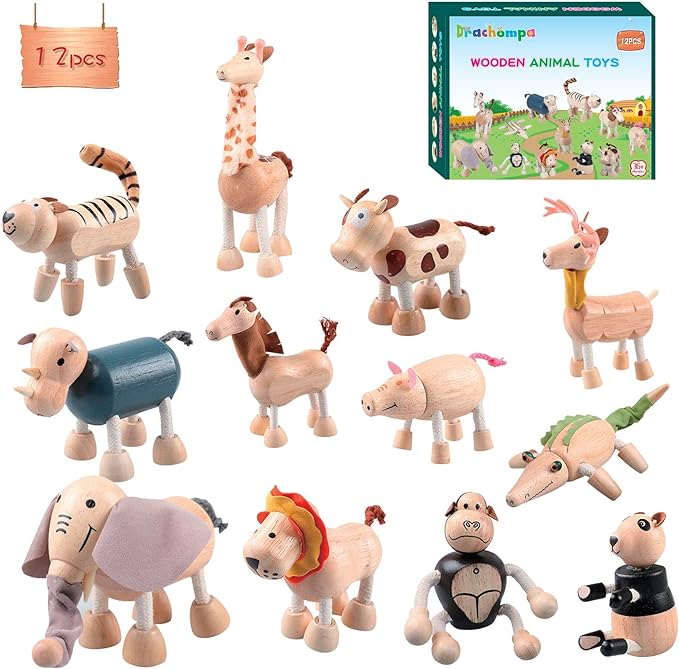 12PCS Bendable Wooden Animal Toys, Fun and Posable Animal Toys for Early Education, Smooth Natural Wood, Safari Farm Wood Animals Learning Toy for Kids-PurrikoPets
