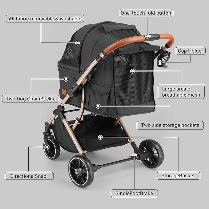 EchoSmile Small Medium Dogs Stroller 4-Wheel Pet Strollers for Medium Dogs Up to 50lbs, One Click Folding Large Cat Stroller, Reversible Handle, Shock Absorbing Wheels, Removable Washable Pad-PurrikoPets