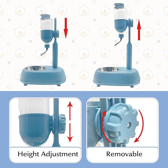 Fhiny Dog Water Feeder Bottle with Stand, Dispenser Automatic Water Food Bowl for Cage No-Drip Leak-Proof Adjustable Raised Pet Slow Water Bottle Dog Kennel Durable Drinker (Blue, 17oz)-PurrikoPets