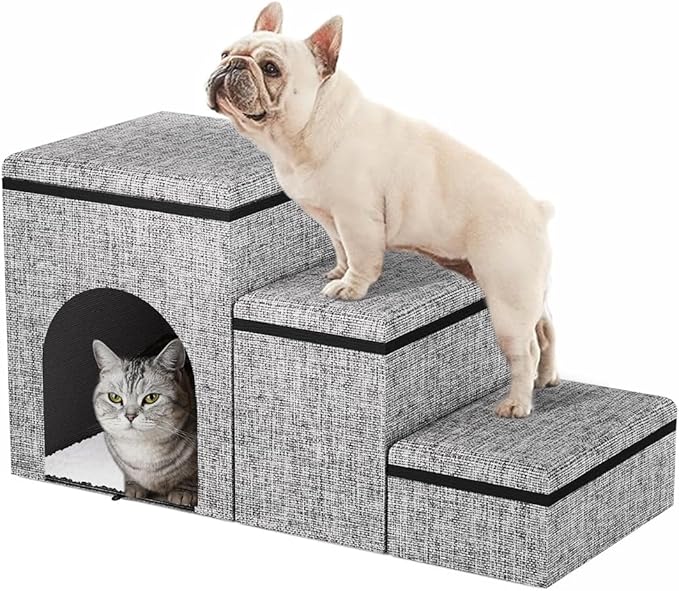 Dog Stairs with Storage, 3-Step Wider Dog Steps with Condo for Dogs and Cats, Pet Stairs for High Bed Climbing, Grey-PurrikoPets