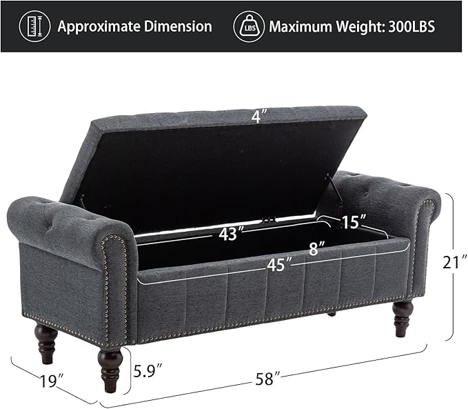 58’’ Storage Bench for Bedroom, Upholstered Button-Tufted Ottoman with Solid Wood Legs, Large End of Bed Shoe Cabinet, Window Seat Foot Rest Stool for Entryway, Closet, and Living Room (Dimgray)-PurrikoPets