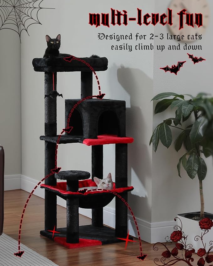 Gothic Cat Tree with Super Large Hammock, 45.7" Black Cat Tower with Coffin Bed, Cat Condo, Sisal Scratching Posts & Top Perch, Multi-Level Goth Cat Tree, Halloween, Black-PurrikoPets