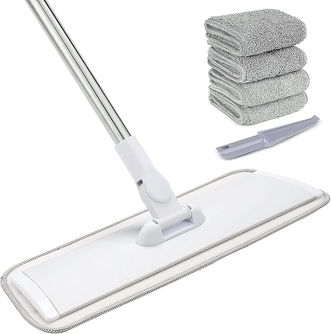 18" Professional Microfiber Mop Floor Cleaning System, Flat Mops with Stainless Steel Handle, 4 Reusable Washable Mop Pads, Wet and Dust Mopping for Hardwood, Vinyl, Laminate, Tile Cleaning (White)-PurrikoPets