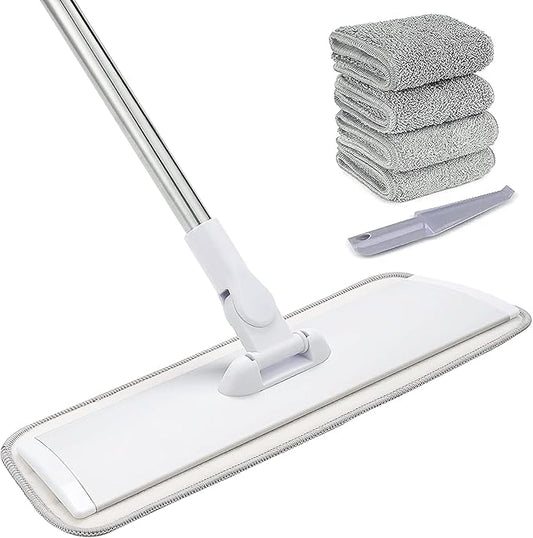 18" Professional Microfiber Mop Floor Cleaning System, Flat Mops with Stainless Steel Handle, 4 Reusable Washable Mop Pads, Wet and Dust Mopping for Hardwood, Vinyl, Laminate, Tile Cleaning (White)-PurrikoPets