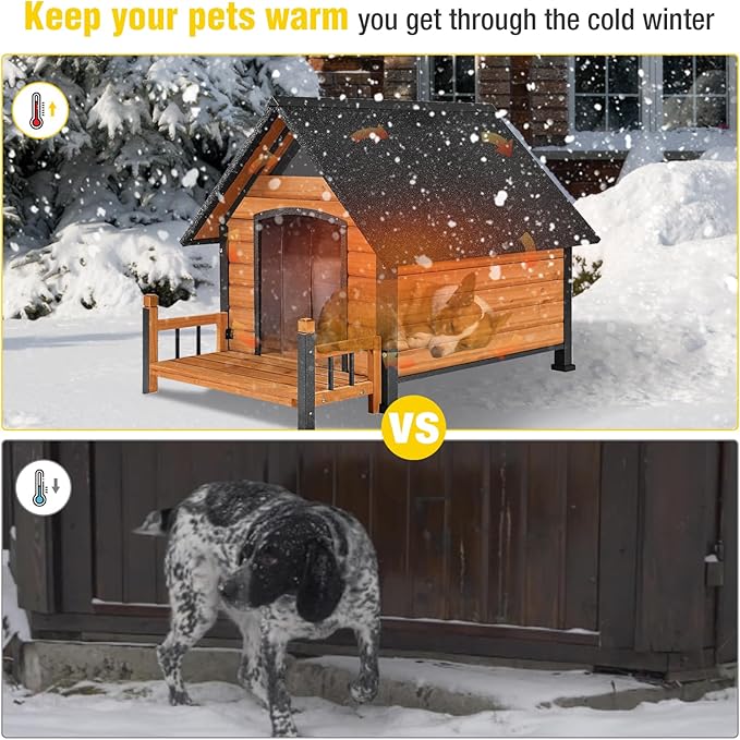 AIVITUVIN Outdoor Dog House Insulated Liner with Anti-Chewing Iron Surround Dog Kennel Dog Shelter Weatherproof (Brown, 45" D x 32.9" W x 32.6" H)-PurrikoPets