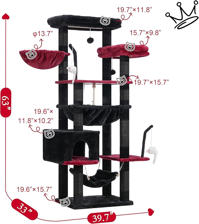 Gothic Cat Tree, Cat Tower for Large Cats with 2 Big Platforms, 2 Baskets, condo and Toys, 63" Cat Scratching Posts for Indoor Cats, Black and red GCT020BR-PurrikoPets