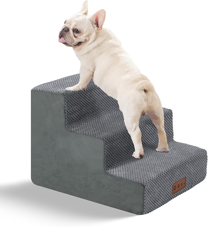 GGIB Dog Stairs for Small Dogs Cats Non-Slip Dog Steps for High Bed Pet Stairs for Sofa Couch Pet Ramp Pet Steps with Removable Washable Cover, Grey, 13" H, 3-Step-PurrikoPets