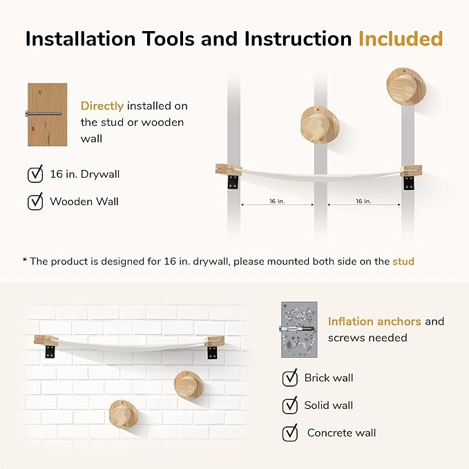 FUKUMARU Cat Wall Furniture, 2 PCS Climbing Shelves Set, Solid Rubber Wood Cat Shelf, Cats Perches for Wall Sleeping, Playing, Jumping and Lounging, 16 inch Drywall Installation-PurrikoPets