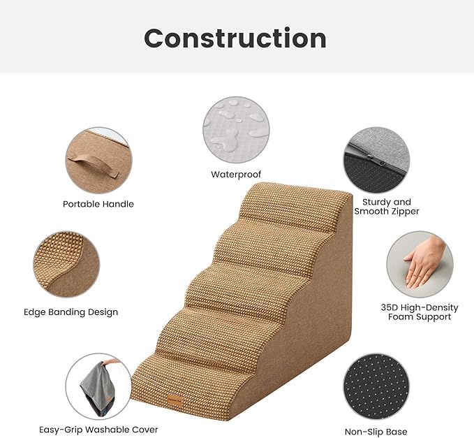 Gardner Pet Dog Stairs for Small Dogs 22.8" H, 5-Step Brown Curved Pet Stairs, Dog Steps for High Bed, Couch (24-30 in) with Durable Non-Slip Waterproof Fabric Cover and CertiPUR-US Certified Foam-PurrikoPets