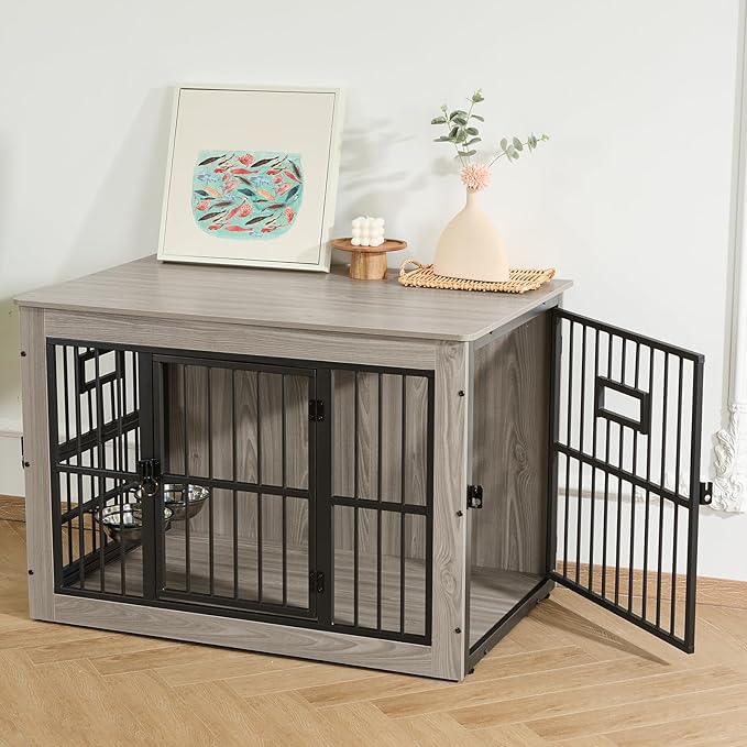 Gardner Pet Dog Crate Furniture for Medium Dogs, 38.8 Inch Dog Kennel Indoor, Wooden Dog Cage End Table with 2 Removable Bowls, Heavy Duty Dog Crate, Rustic Grey-PurrikoPets