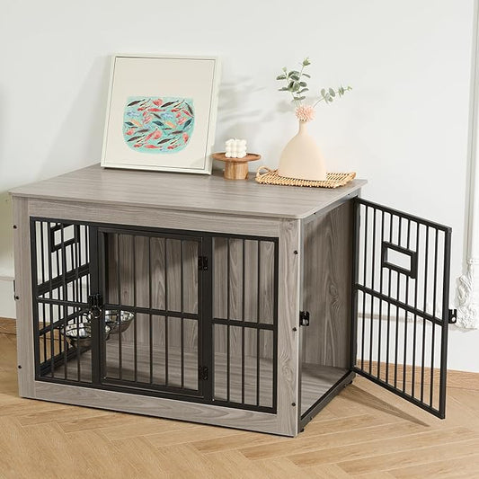 Gardner Pet Dog Crate Furniture for Medium Dogs, 38.8 Inch Dog Kennel Indoor, Wooden Dog Cage End Table with 2 Removable Bowls, Heavy Duty Dog Crate, Rustic Grey-PurrikoPets