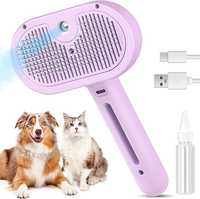 3 in 1 Cat Steam Brush, Pet Spray Hair Removal Comb for Shedding & Grooming, Water Brush for Cats Dogs Small Animals Long Short Haired with One-Click Release Button(Purple)-PurrikoPets