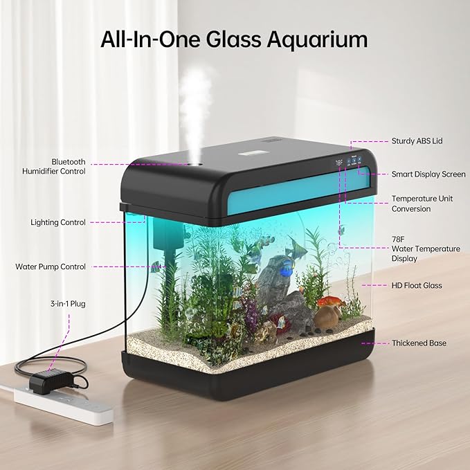 Fish Tank Aquarium 6.3 Gallon Fish Bowl with Music Humidifier 7 Color Auto-Looping Light Adjustable Quiet Pump, Temperature Display, Bottom Water Changer, HD Float Glass, Leak-Proof Thickened Base-PurrikoPets