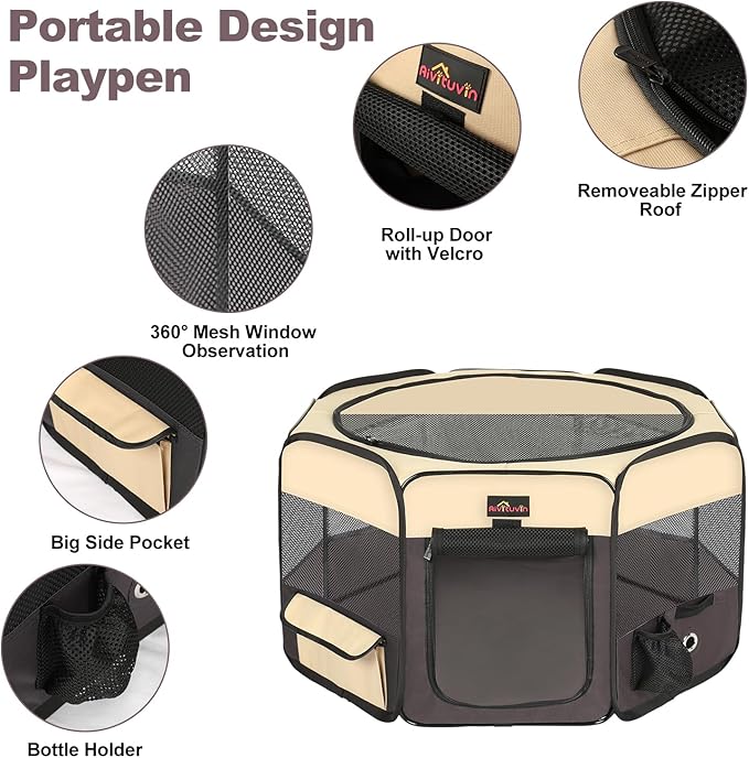 Aivituvin Portable Pet Playpen, Foldable Dog Tent Crate Cage for Puppies and Cats, Exercise Pop Up Dog Kennel with Carrying Case Indoor Outdoor, Waterproof and Zipper Top Cover Door, Brown-PurrikoPets