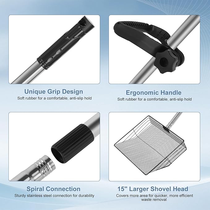 15inch Large Chicken Poop Scooper with Ergonomic Grip, 5 in 1 Adjustable Chicken Coop Pooper Shovel (24 to 76.5"), Stainless Steel Litter Sifting Shovel Scoop for Chicken Coop/Goat Stall/Stable-PurrikoPets