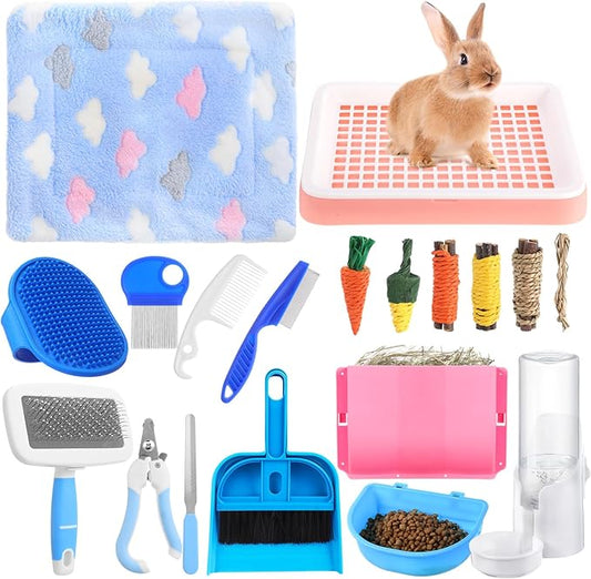 19 Pcs Rabbit Starter Kit Small Bunny Litter Box Rabbit Grooming Kit Water Bottle Bunny Toys Hay Feeder Bowl Blankets with Cleaning Set for Guinea Pig Accessories (Pink-White,Strawberry Bear)-PurrikoPets