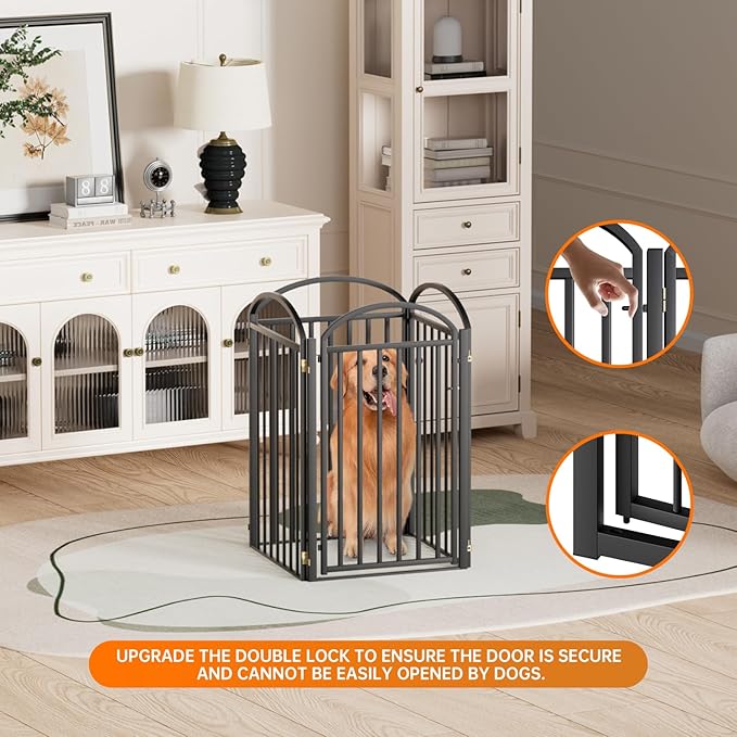 4 Panles Full Matel Freestanding Dog Gates with Door, 96"Extra Wide 36"Tall Free Standing Dog Pet Gate for Indoor & Outdoor. Foldable Pet Fences for Doorways, House, Stairs, Porch, Deck, Yard-PurrikoPets