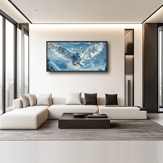 Framed Large Snowy Owl Wall Art for Living Room, Oversized Snowy Mountain Wall Decor Landscape Canvas Painting Modern Artwork Home Decoration for Living Room Bedroom Office 60"x30"-PurrikoPets