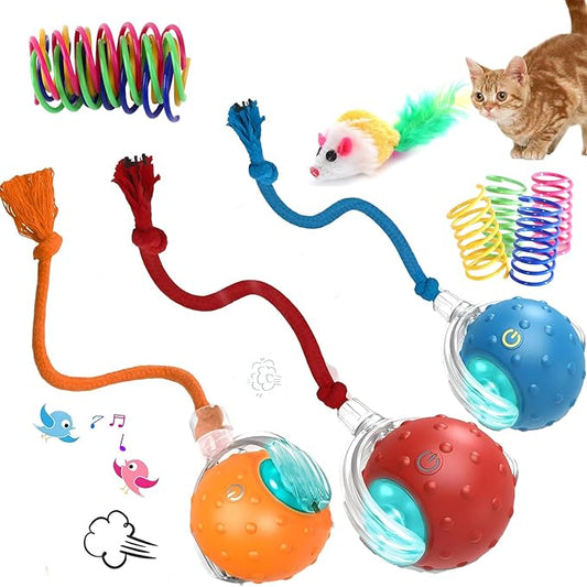 3-Pack Interactive Cat Toys Ball - 2025 New Gen with Smart Obstacle Avoidance & Auto Wake-Up,Includes 4 Speedy Tail 2.0 Ropes,Cat Spiral Spring 12Pcs, Ideal Kitten Toys for Bored Indoor Cats-PurrikoPets