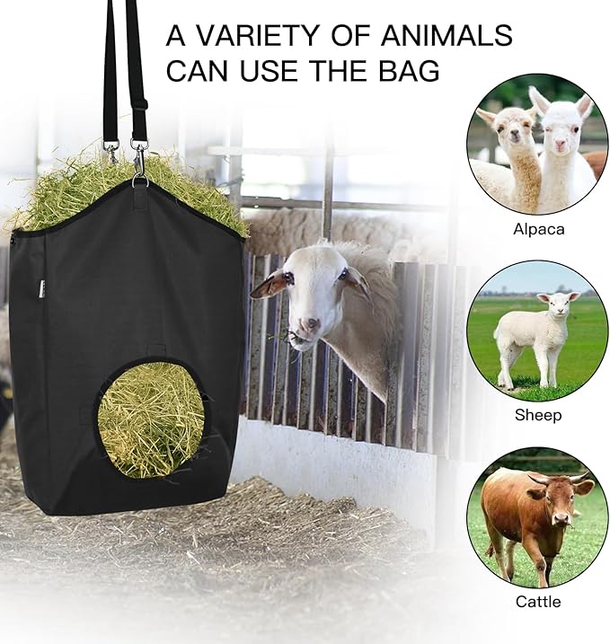3 Packs Goat Hay Feeder,Hay Bags for Goats,Horses,Sheep,Premium 600D Oxford Cloth,with Metal Fastener and Adjustable Open Feed Hole for Slow Feeding. (3 Black)-PurrikoPets