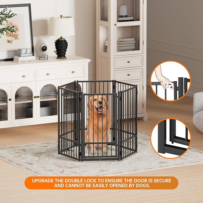 Full Metal Freestanding Dog Gate with Door, 36''Height Foldable Pet Dog Fence for Indoor & Outdoor, 6 Panels Extra Wide Free Standing TallDog Gates for Doorways,House,Stairs,Porch,Deck,Yard-PurrikoPets