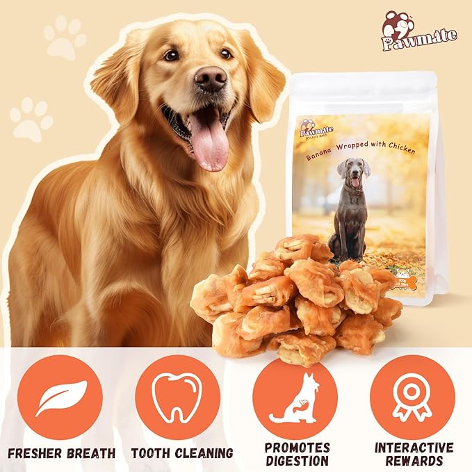 Dog Treats Chicken Wrapped Banana Slices with 1% Taurine, Healthy Training Snacks Rich in Natural Fiber, Rawhide-Free Grain-Free Soft Chews for Small Medium Dogs, 10.6oz-PurrikoPets