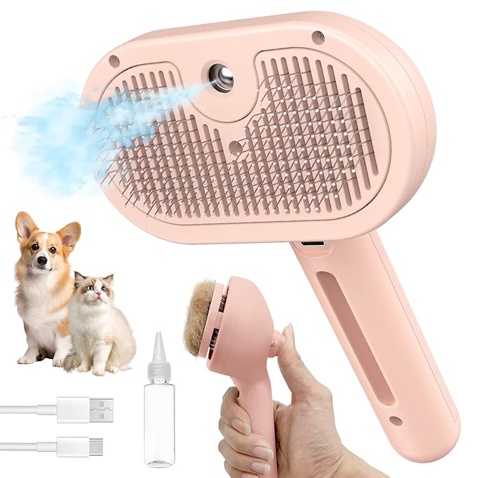 3-in-1 Self-Cleaning Steam Brush - Anti-Static, for Grooming Long & Short Pet Hair, Reduces Shedding, Pink-PurrikoPets