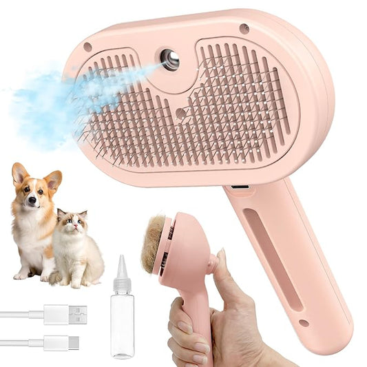 3-in-1 Self-Cleaning Steam Brush - Anti-Static, for Grooming Long & Short Pet Hair, Reduces Shedding, Pink-PurrikoPets