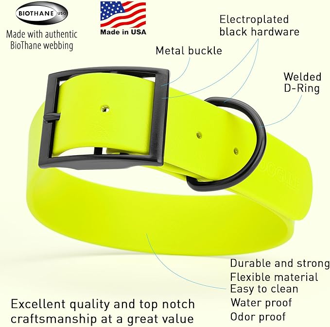 Dogline Biothane Waterproof Dog Collar Strong Coated Nylon Webbing with Black Hardware Odor- Proof for Easy Care Easy to Clean High Performance Fits Small Medium or Large Dogs, Safety Yellow-PurrikoPets