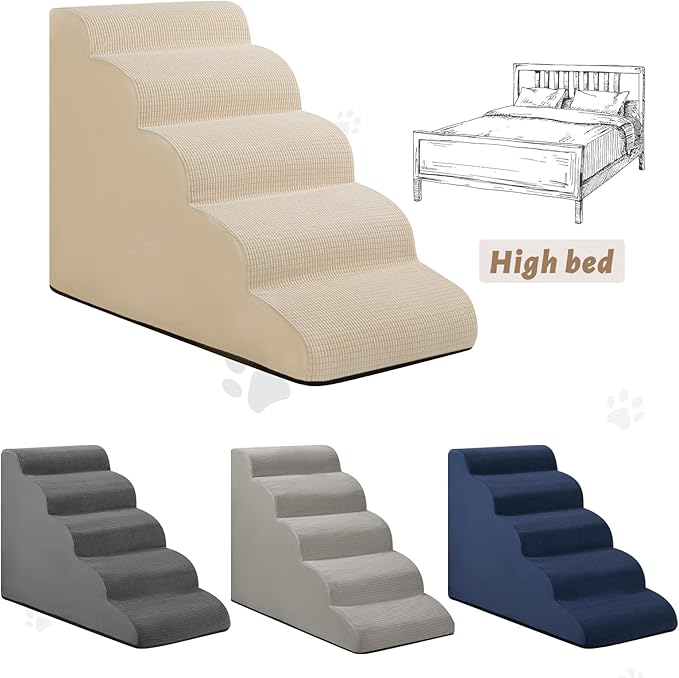 5-Step Dog Stairs and Ramp for High Bed,Non-Slip Sturdy Pet Steps for Small Dogs and Cats,22.2" H,Beige-PurrikoPets