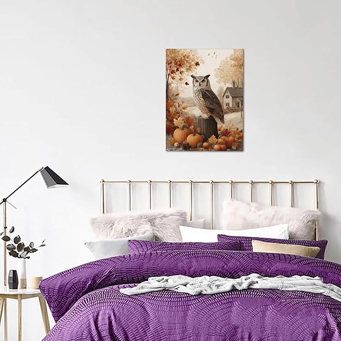 Fall Owl Wall Art Autumn Pumpkin Leaves Wall Decor Rustic Canvas Print Farmhouse Pictures Painting Print Framed Artwork Decorations Gifts for Living Room Bathroom Bedroom Office 12"x16"-PurrikoPets